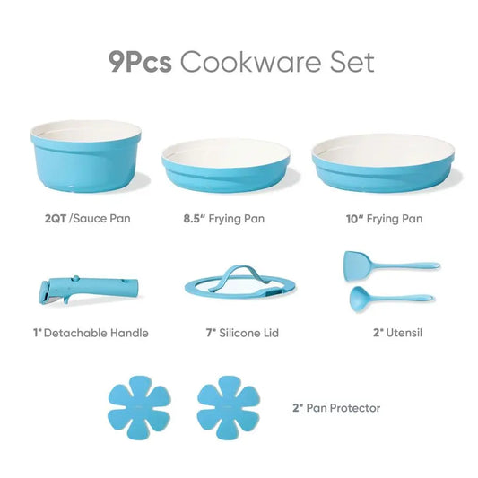 9pcs Pots and Pans Ceramic Cookware Sets Non Stick with Detachable Handle
