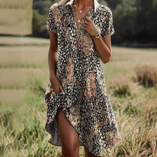 Bohemian round collar short-sleeved long dress