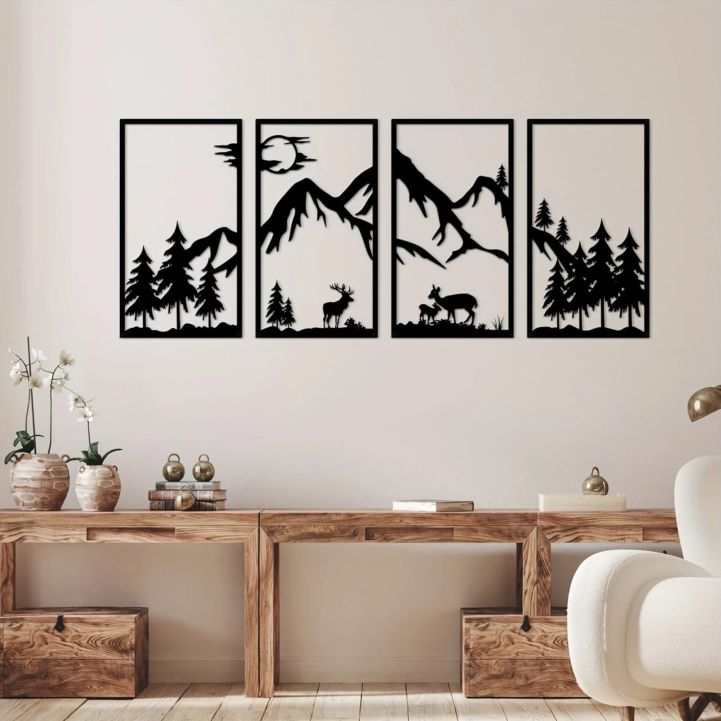 4 pieces mountain scene Black line wall decorations,