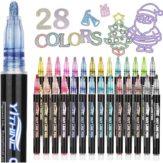 28 Glitter Metallic Gel Pens Outline Shimmer Markers