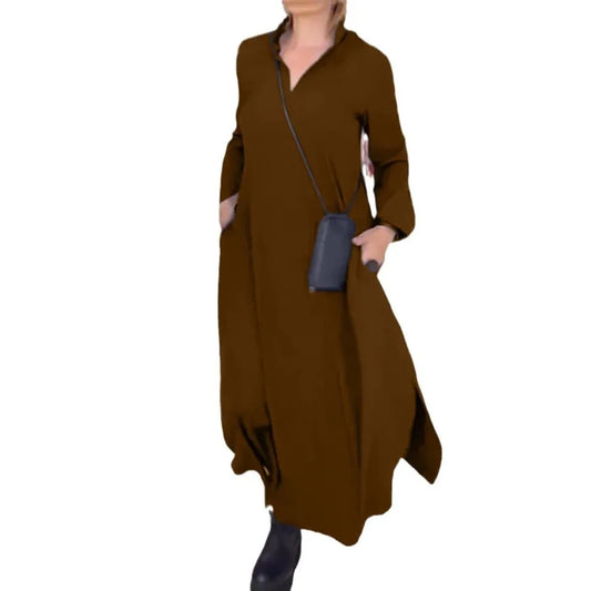 【New style】2026 autumn and winter loose solid color V-neck overhead long sleeve dress