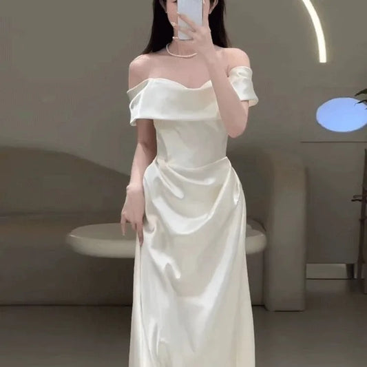 Satin One-Shoulder White Bridal Gown with Veil