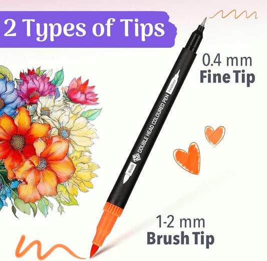 72 Dual Tip Art Markers Set with Case - Fine & Brush Tips, No-Bleed Watercolor Pens
