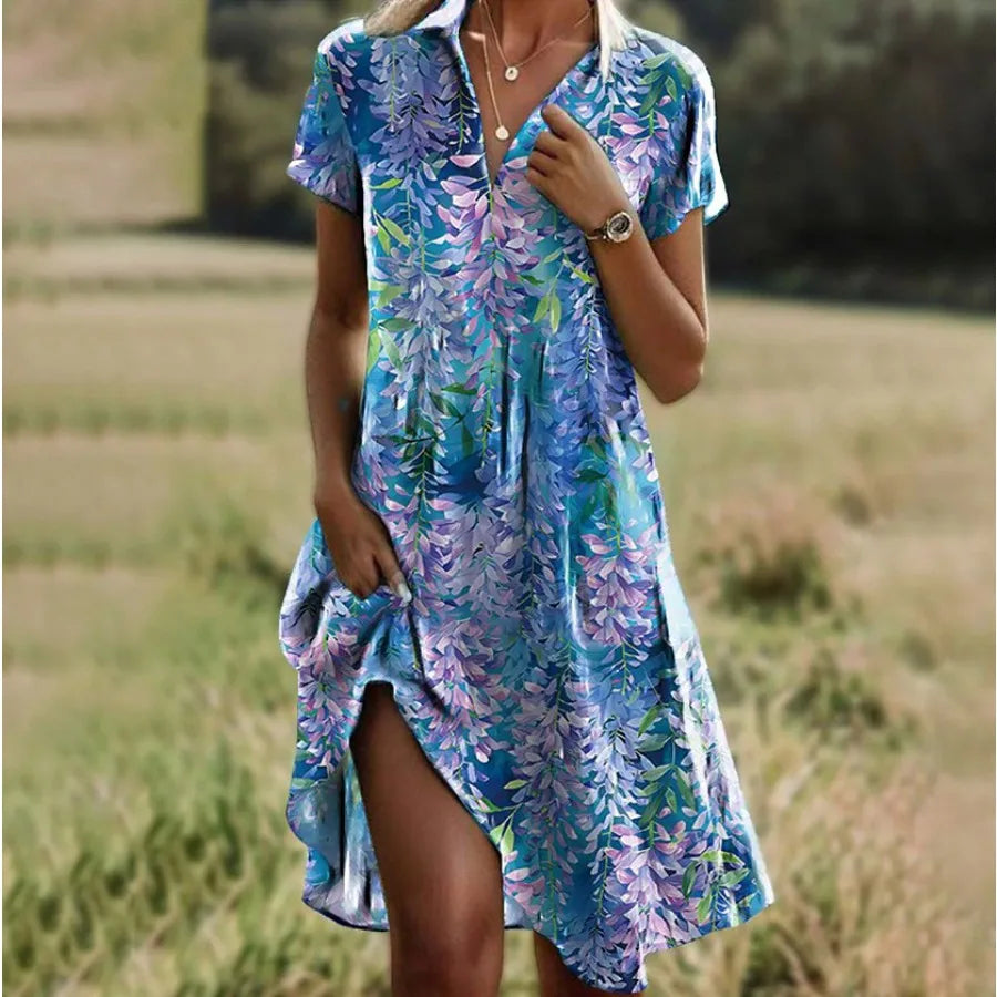 Bohemian round collar short-sleeved long dress
