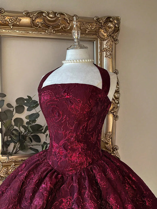 Elegant Burgundy Jacquard Halter Backless A-Line Mini Dress