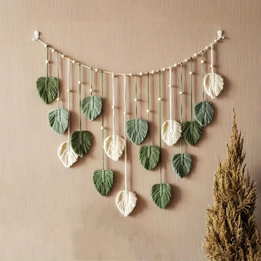 Modern,BOHO, Green Leaves Woven Wall Decor