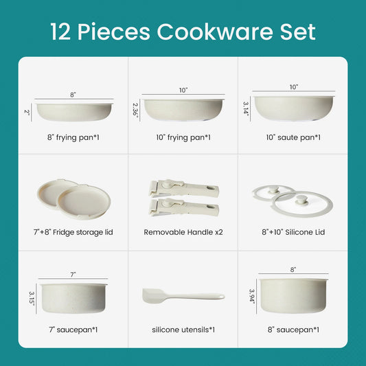 12 Pcs Induction Pots and Pans Nonstick Kitchen Cookware with Detachable Handle