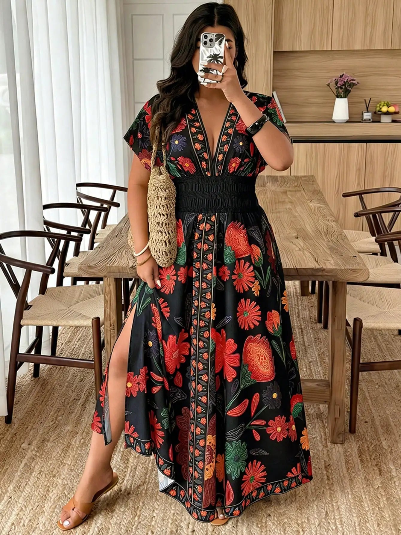 Plus Size Paisley Floral Print Deep Shirred Waist Maxi Dress
