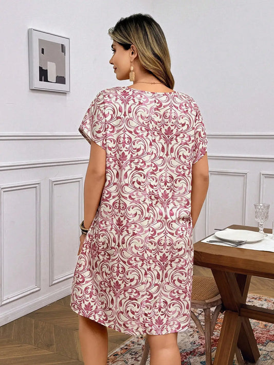 V Neck Batwing Sleeve Casual A-Line Vintage Print Dress