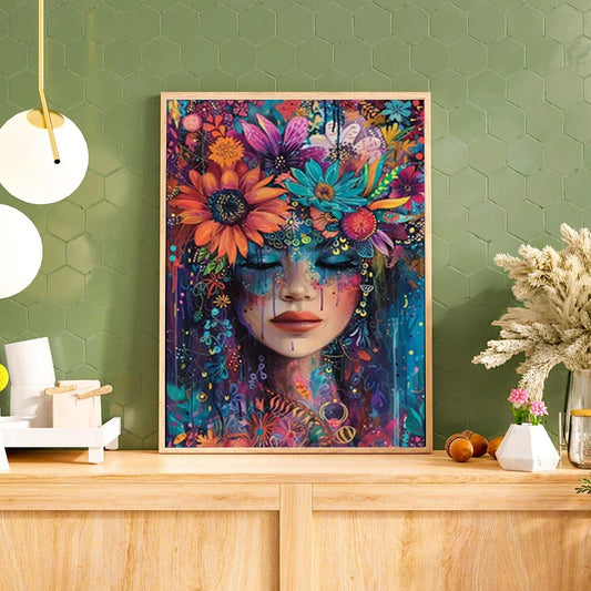 5D Rhinestone Art Puzzle Inlay 12x16Inch Diamond Painting Woman Flowers Mosaic Cross Stitch Kit