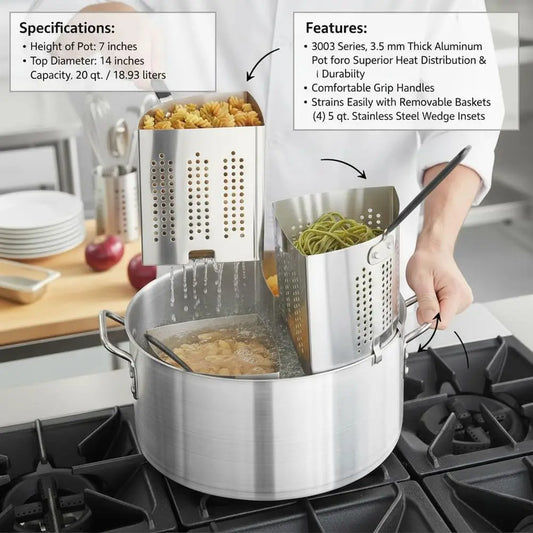 14-inch 20 Qt. Pasta Cooker Set with 5 Qt. Stainless Steel Strainer Baskets for Multi-Serve Cooking