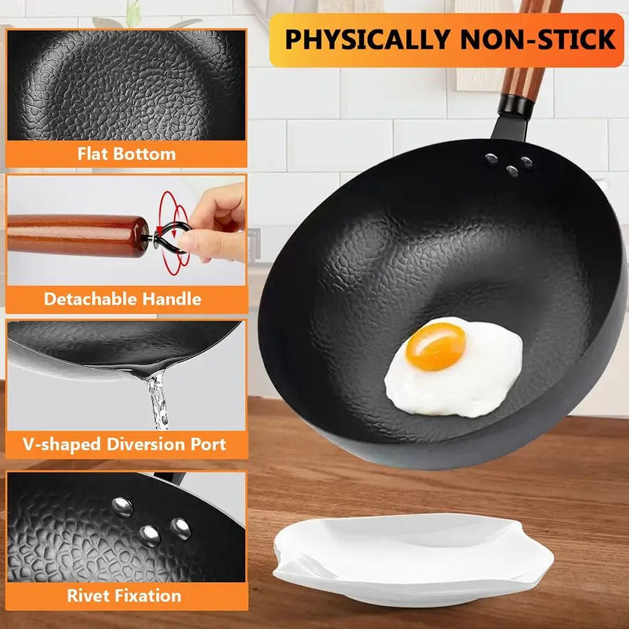 14 Piece Carbon Steel Wok StirFry Pan Set with Wooden Lid
