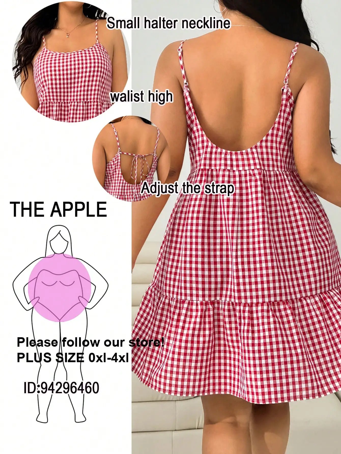 Plus Size Pink Gingham Cami Spaghetti Strap Ruffle Hem Sundress