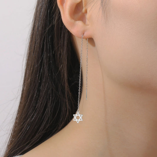 Star of David Pendant Long Tassel Stainless Steel Gold Earring
