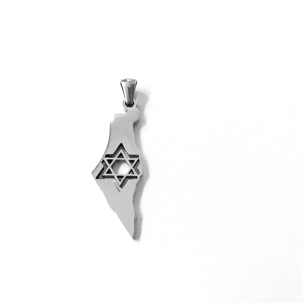 Star of David Map of Israel in a Stainless Steel Pendant Necklace