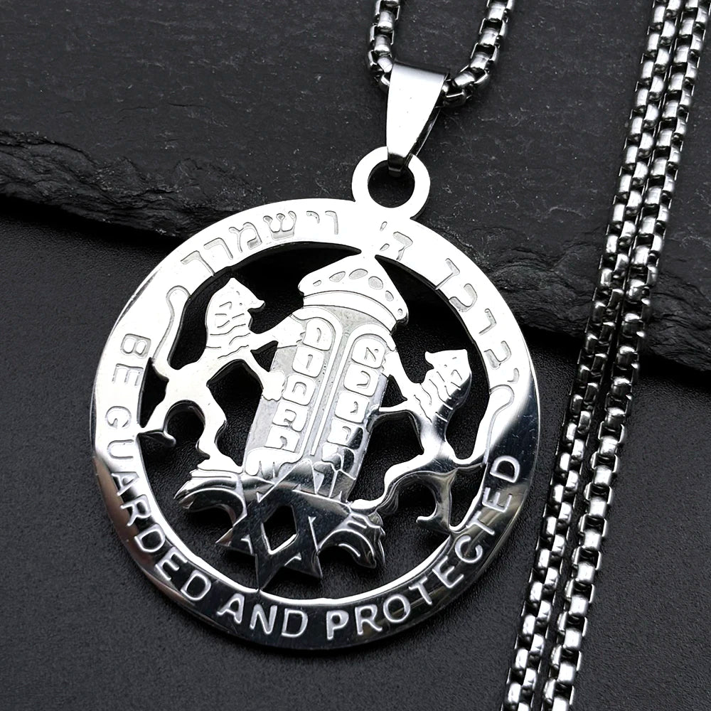 Judaica Star of David under Hebrew Ark of the Covenant with Lions of Judah on a Stainless Steel Pendant Necklace
