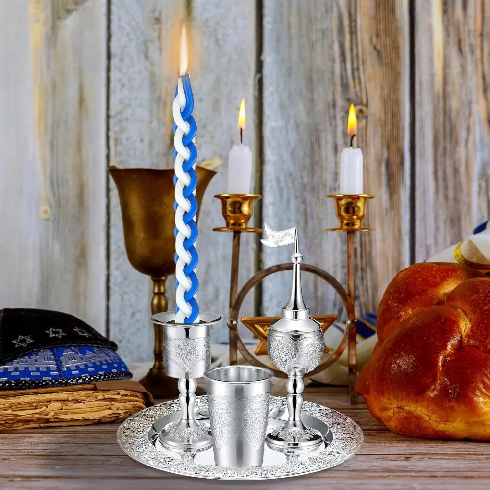 9 Pcs Shabbat Havdalah Set with Candle Holder, Kiddush Cup, Spice Box, Goblet, Silver Plate & 5 Candles,