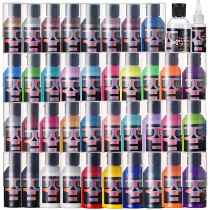 36-Color Pre-Mixed Acrylic Pouring Paint with Magic Medium & Varnish Water-Based High Flow Arts Supply 100ML/Bottle