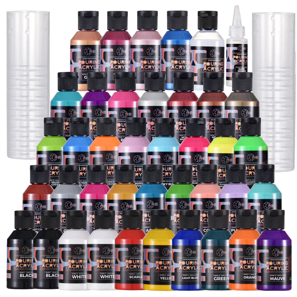 36-Color Pre-Mixed Acrylic Pouring Paint with Magic Medium & Varnish Water-Based High Flow Arts Supply 100ML/Bottle