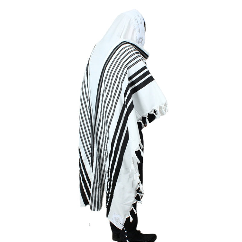 140x190cm Jewish Tallit Prayer Shawl Blessing on Neckband  with White Silver Stripes
