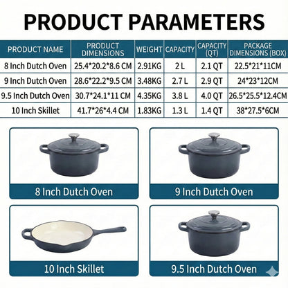 Enameled Cast Iron Cookware Set 4-Piece, 3 Round Dutch Ovens & 1 Skillet: 8 Inch (2Qt), 9 Inch (3Qt), 9.5 Inch (4Qt) & 10 Inch  Pan