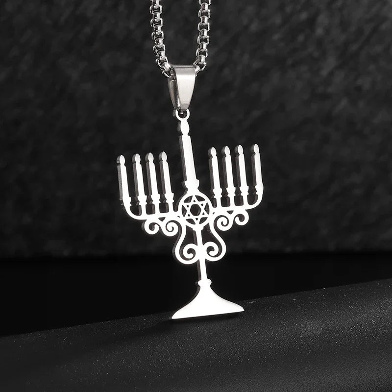 Stainless Steel Hamsa Hands of Fatima Hebrew Blessing Star of David Necklace