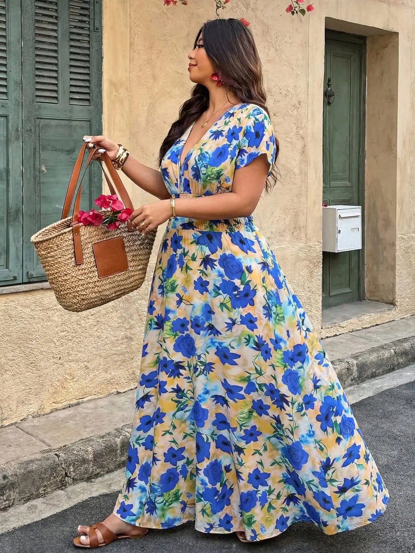 Plus Size Paisley Floral Print Deep Shirred Waist  Maxi Dress