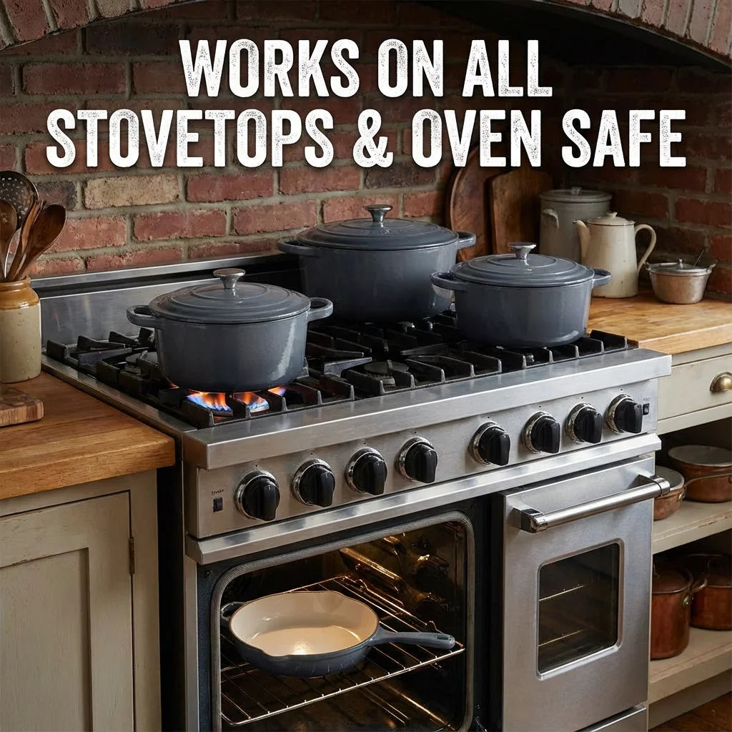 Enameled Cast Iron Cookware Set 4-Piece, 3 Round Dutch Ovens & 1 Skillet: 8 Inch (2Qt), 9 Inch (3Qt), 9.5 Inch (4Qt) & 10 Inch  Pan
