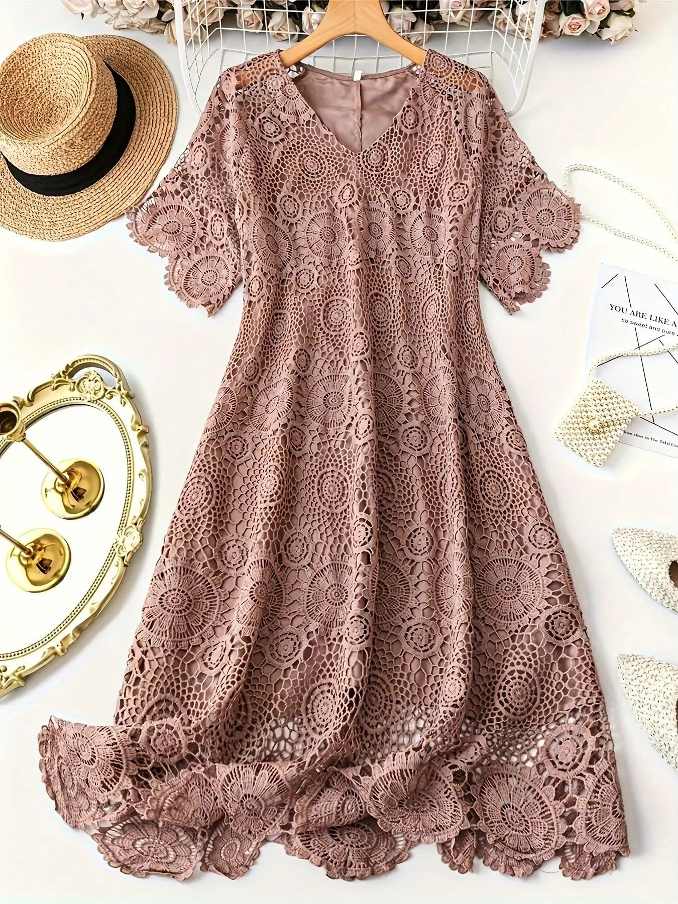 Plus Size  Lace V-Neck A-Line Short Sleeve Scalloped Hem Dress