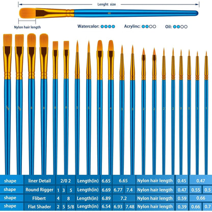 20 oil watercolor acrylic paint brushes blue Different Sizes