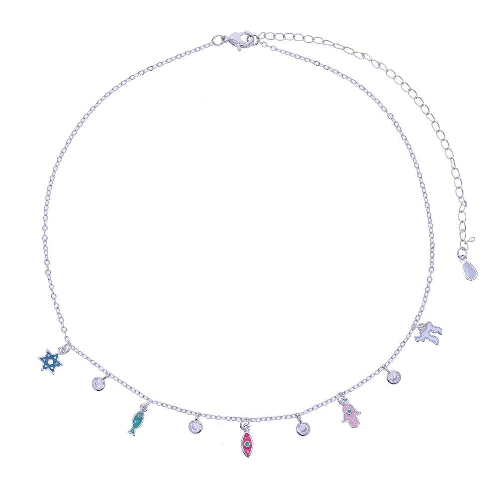 Silver and Gold Enamel Judaica Charm Necklace