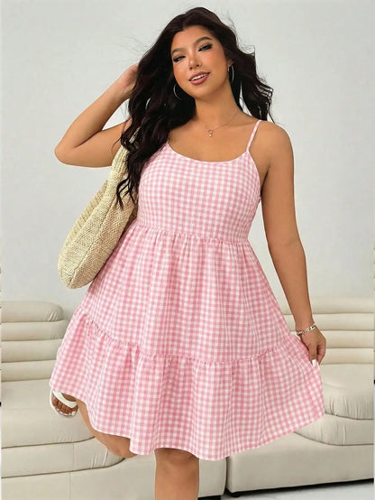 Plus Size Pink Gingham Cami  Spaghetti Strap Ruffle Hem  Sundress