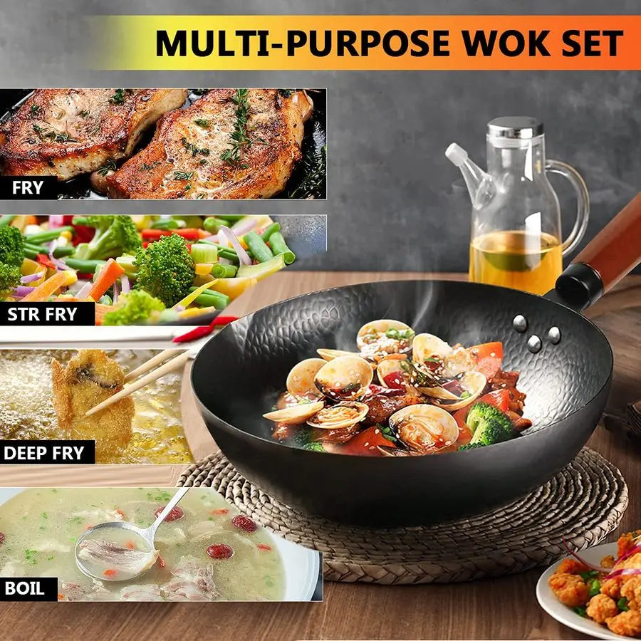 14 Piece Carbon Steel Wok  StirFry Pan Set with Wooden Lid