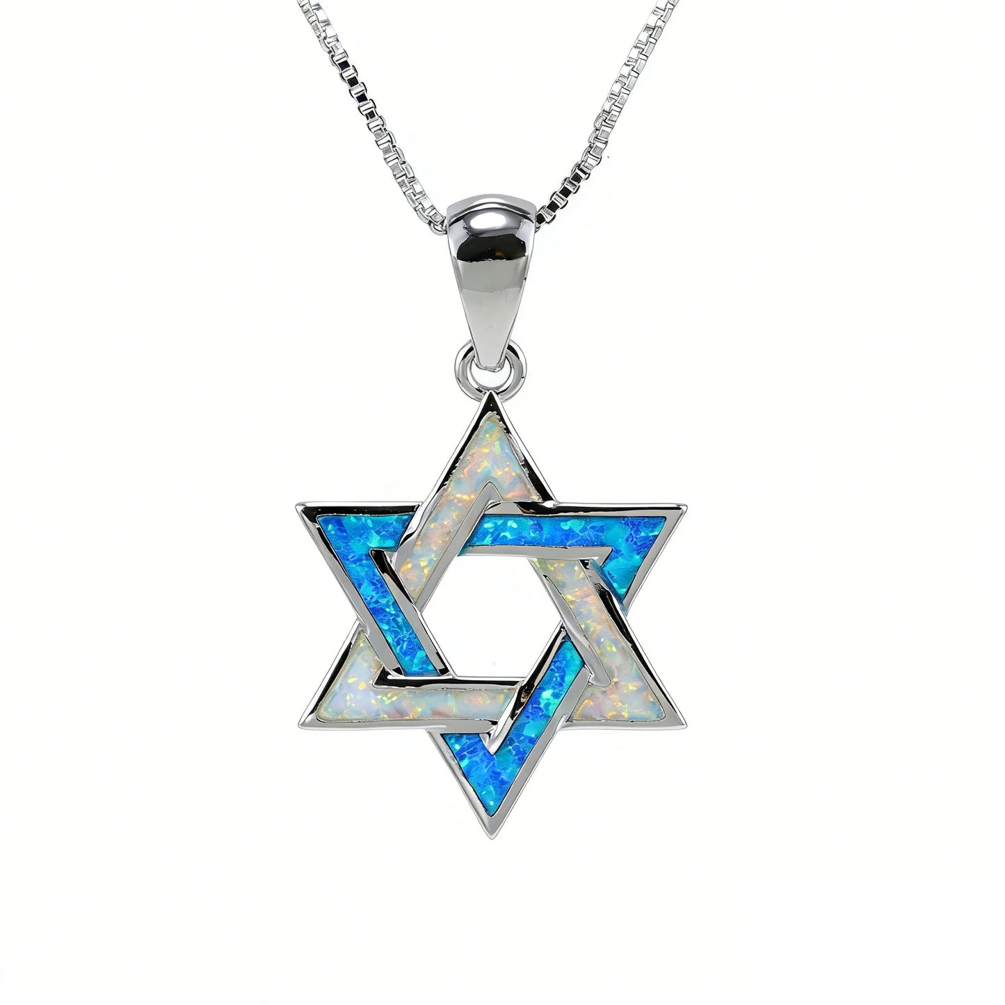 Judaic Blue Fire Opal Star of David Pendant Necklace,White K Plated
