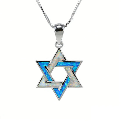 Judaic Blue Fire Opal Star of David Pendant Necklace,White K Plated