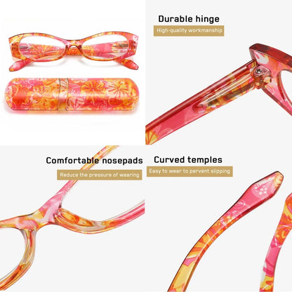 4-Piece Presbyopic  Floral Women's Spring Hinge Reading Glasses Set with PC Case