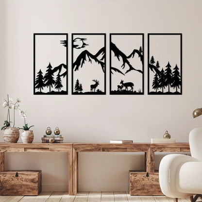4 pieces mountain scene Black line wall decorations,