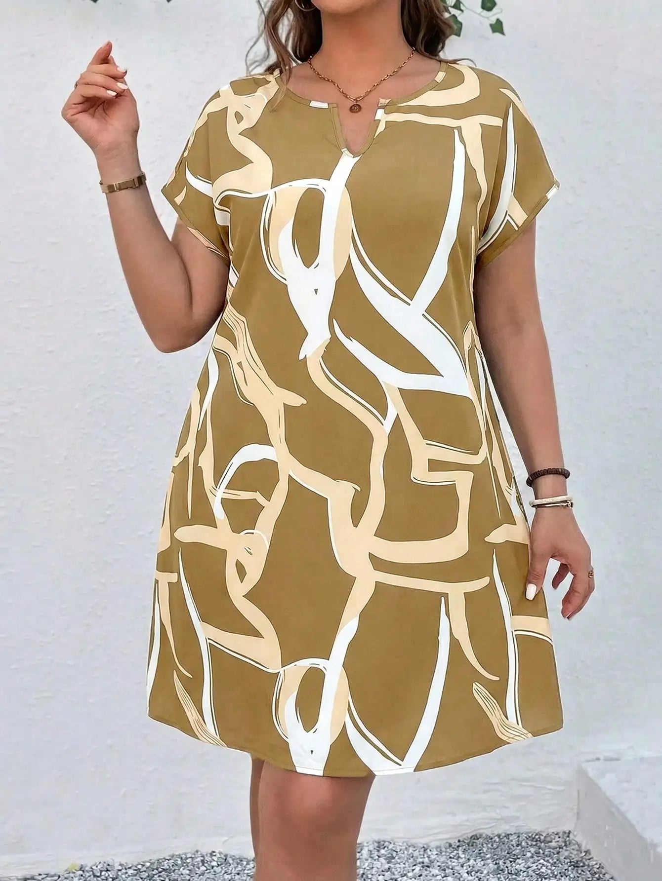 V Neck Batwing Sleeve Casual A-Line  Vintage Print Dress