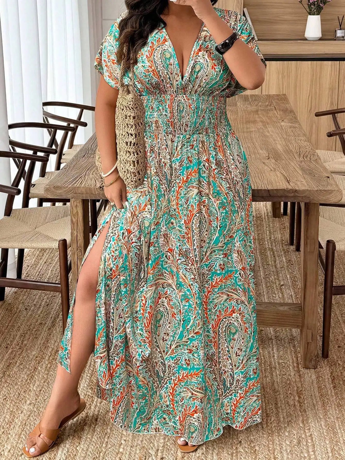 Plus Size Paisley Floral Print Deep Shirred Waist  Maxi Dress