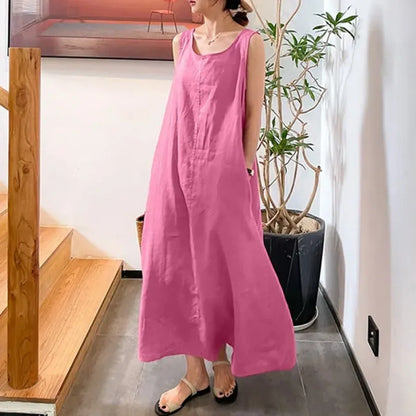 Summer cotton linen long sleeveless dress