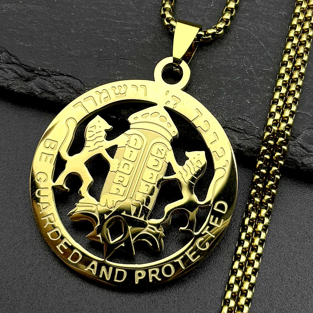 Judaica Star of David under Hebrew Ark of the Covenant with Lions of Judah on a Stainless Steel Pendant Necklace