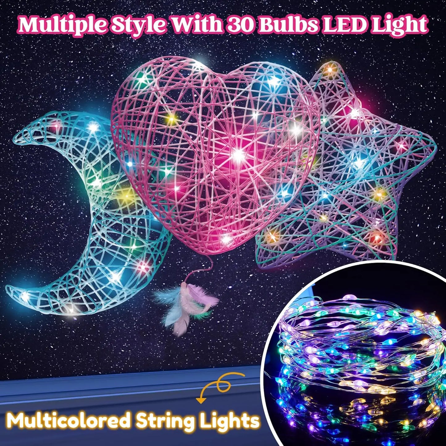 3D String Art Light Up Kit with 30 Multi-Colored LED Bulbs