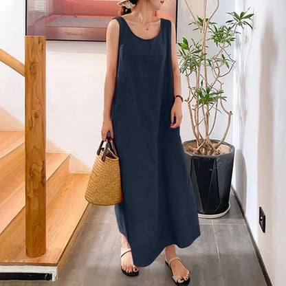 Summer cotton linen long sleeveless dress
