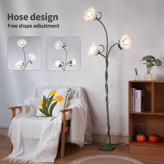 Retro 3-Head Flower Floor Lamp, Contains Bulb, 3-Color Dimmable, with Flexible Neck Shaft