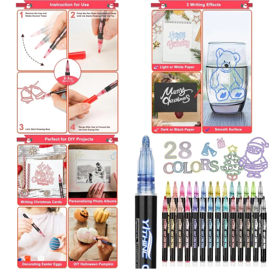 28 Glitter Metallic Gel Pens Outline Shimmer Markers