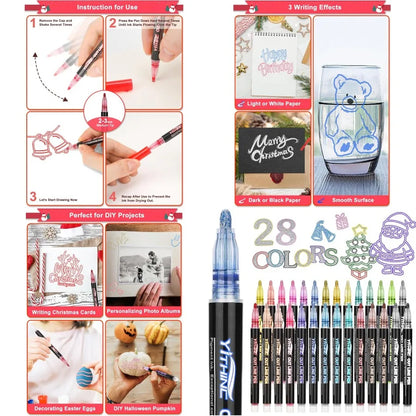 28 Glitter Metallic Gel Pens Outline Shimmer Markers