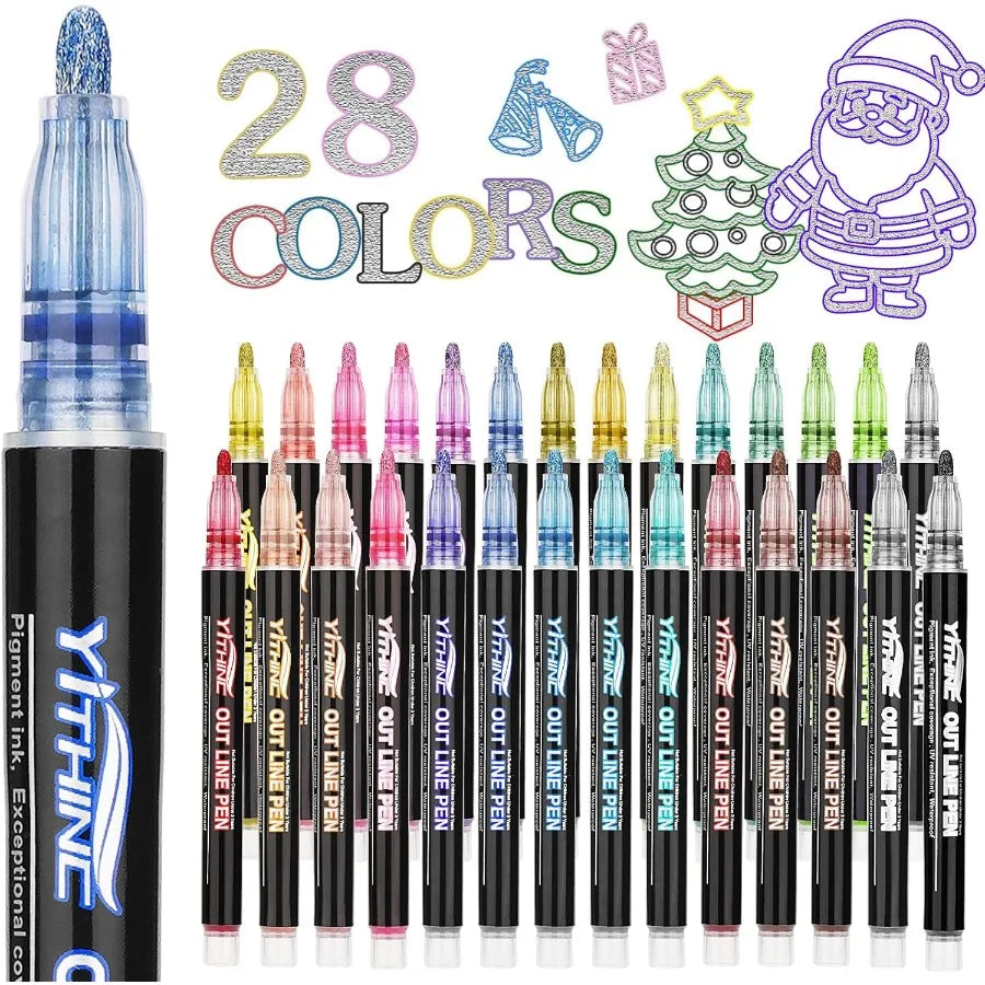 28 Glitter Metallic Gel Pens Outline Shimmer Markers