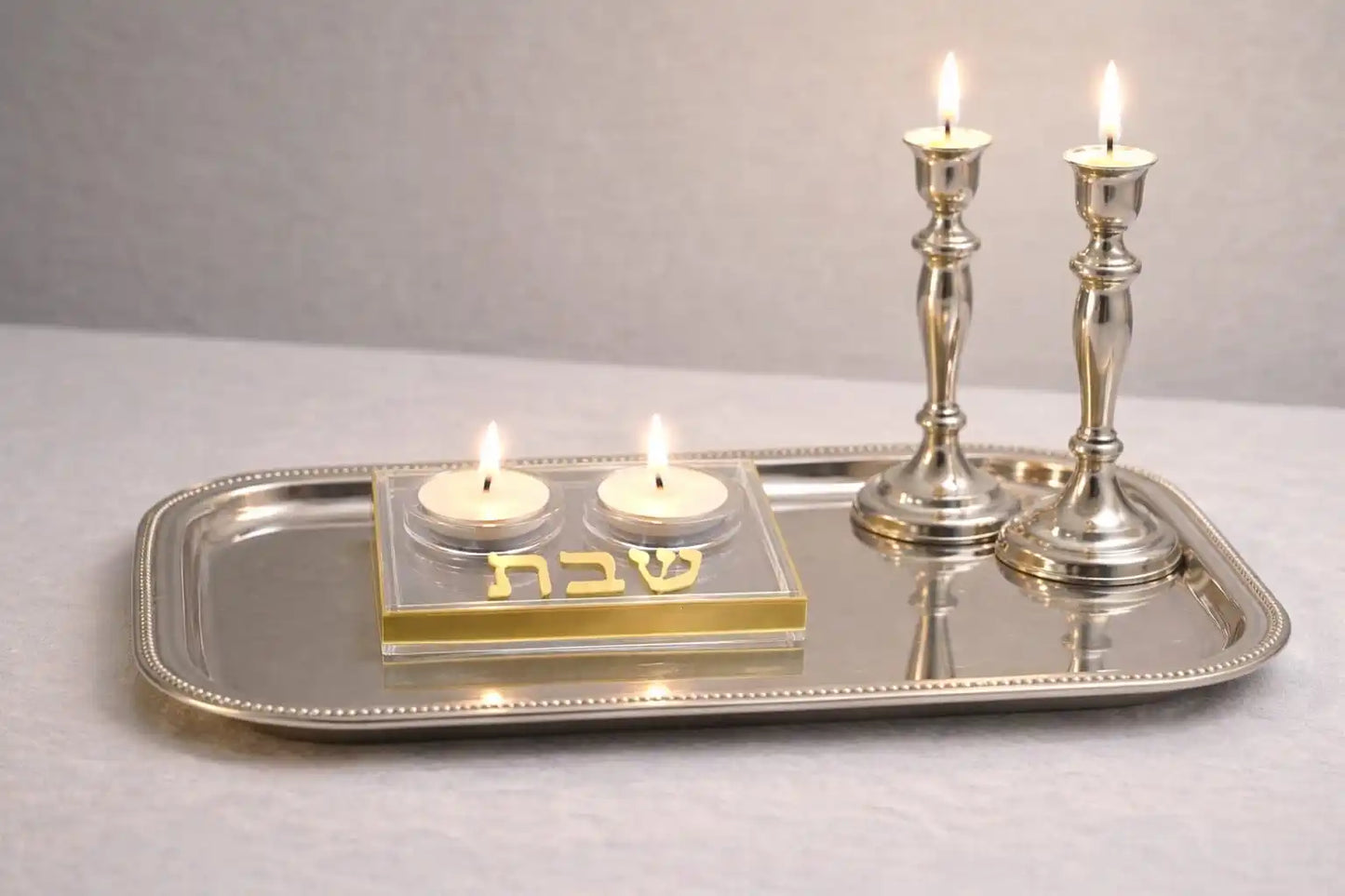 Judaica Acrylic Shabbat Candle Tray Gift with Gold Border