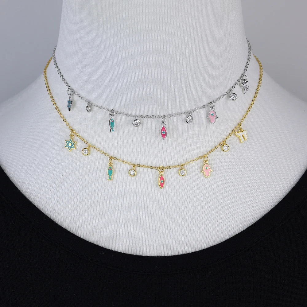 Silver and Gold Enamel Judaica Charm Necklace