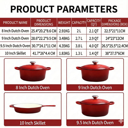 Enameled Cast Iron Cookware Set 4-Piece, 3 Round Dutch Ovens & 1 Skillet: 8 Inch (2Qt), 9 Inch (3Qt), 9.5 Inch (4Qt) & 10 Inch  Pan